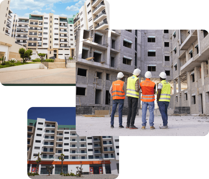 Collage Moubina : chantier de construction, complexe résidentiel moderne, et remise de clés